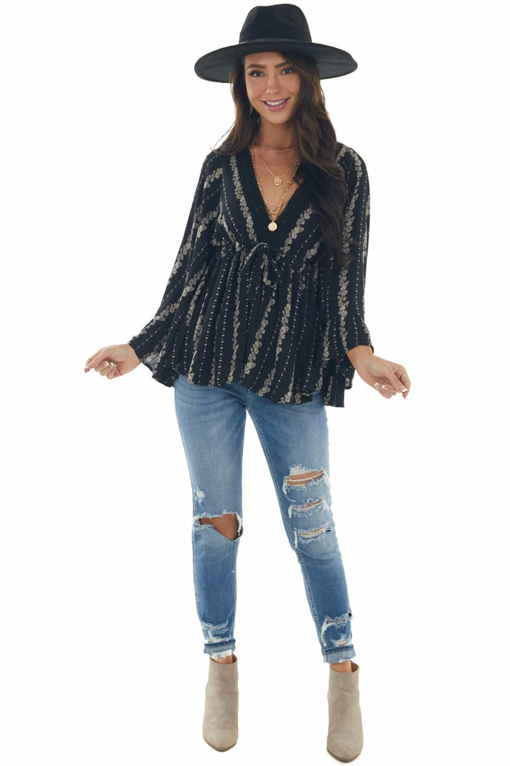 ANGIE Black Floral Print Drop Waist Top With Tie Tops 8 ANGIE Black Floral Print Drop Waist Top With Tie Tops