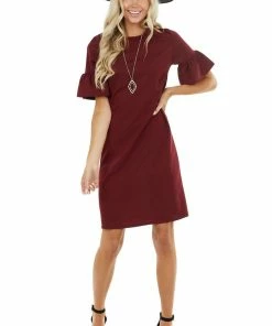 Les Amis Wine Sheath Dress With Short Ruffle Bell Sleeves Dresses 32 Les Amis Wine Sheath Dress With Short Ruffle Bell Sleeves Dresses