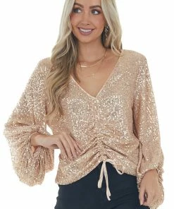 Mustard Seed Tops Champagne Sequin Long Bubble Sleeve Ruched Top