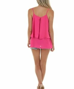 VISION Hot Pink Double Layer Flowy Sleeveless Blouse Tops