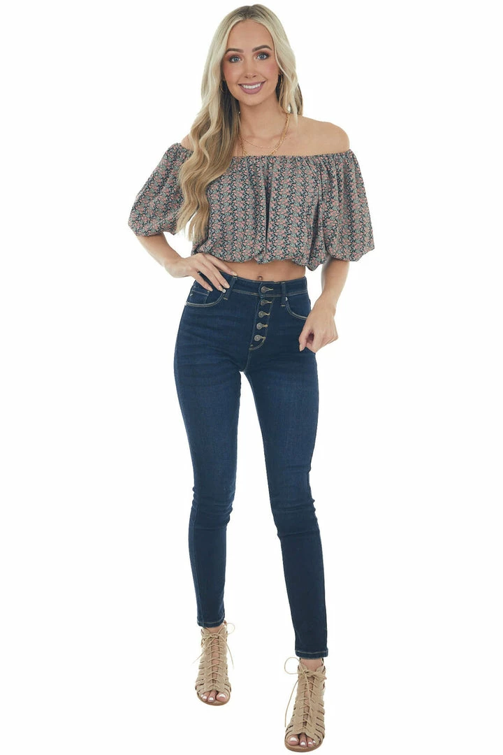 Entro Black Ditsy Floral Print Boat Neck Crop Top Tops 13 Entro Black Ditsy Floral Print Boat Neck Crop Top Tops