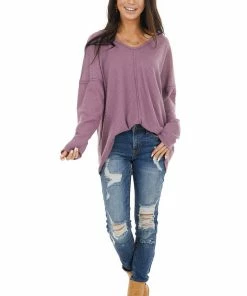 BiBi Deep Lavender Long Sleeve Waffle Knit Top With V Neckline Tops