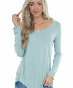 ZENANA Arctic Blue Rounded Hem V Neck Soft Knit Top 23 ZENANA Arctic Blue Rounded Hem V Neck Soft Knit Top