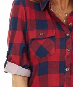 Fashion Cargo Cranberry And Navy Buffalo Plaid Top With Chest Pockets Tops