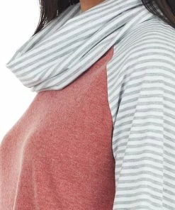 Shiying Fashion Marsala Striped Print Raglan Sleeve Knit Top With Cowl Neck
