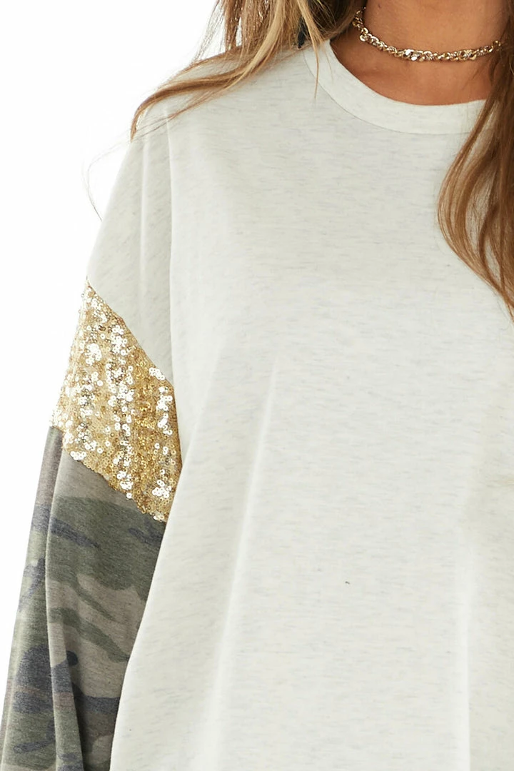 12PM Oatmeal Knit Top With Camo Print And Gold Sequin Long Sleeve 15 12PM Oatmeal Knit Top With Camo Print And Gold Sequin Long Sleeve