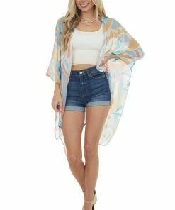 Entro Ivory And Sea Blue Printed Sheer Kimono