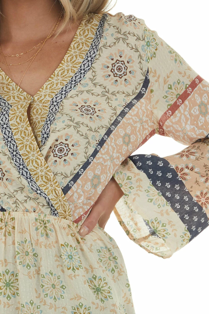 Doe & Rae Light Beige Printed Surplice Swiss Dot Blouse 18 Doe & Rae Light Beige Printed Surplice Swiss Dot Blouse