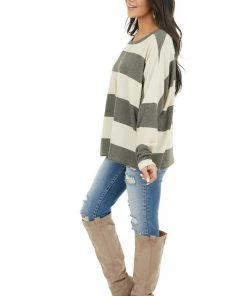 7th Ray Charcoal And Cream Striped Drop Shoulder Long Sleeve Top