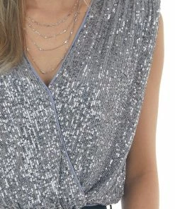 She + Sky Slate Sequined Surplice Shoulder Pad Bodysuit Tops