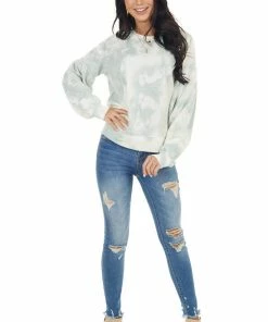 Lush Clothing Sage And Cream Tie Dye Top With Long Drop Shoulder Sleeves Tops