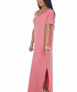 ZENANA Dresses Punch Short Sleeve Maxi Dress With Side Slits