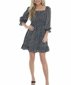 She + Sky Dresses Black Printed Long Bubble Sleeve Short Dress