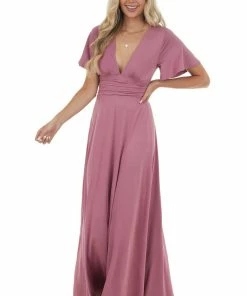 Dress Day Mauve Short Sleeve Empire Waist Maxi Dress
