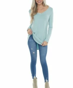 ZENANA Arctic Blue Rounded Hem V Neck Soft Knit Top 28 ZENANA Arctic Blue Rounded Hem V Neck Soft Knit Top