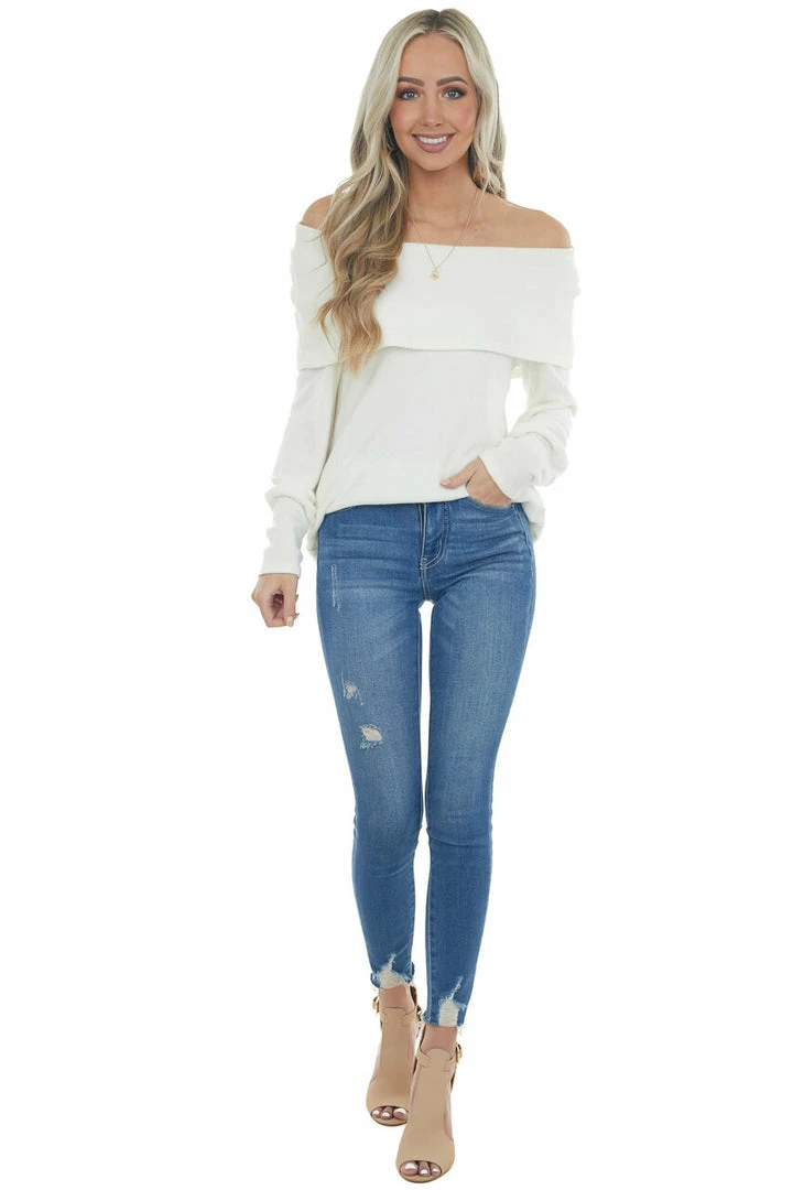 Andree Tops Ivory Folded Off Shoulder Ribbed Knit Top 16 Andree Tops Ivory Folded Off Shoulder Ribbed Knit Top
