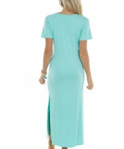HEIMISH Aquamarine Criss Cross V Neck Knit Maxi Dress