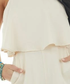 Davi & Dani Champagne Spaghetti Strap Flowy Overlay Romper With Pockets Dresses