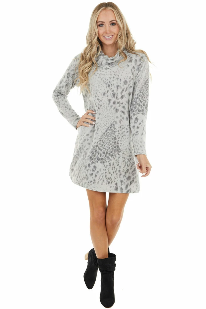 First Love Heather Grey Leopard Print Cowl Neck Dress With Pockets 12 First Love Heather Grey Leopard Print Cowl Neck Dress With Pockets
