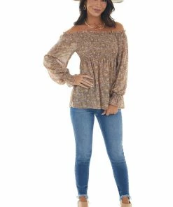 She + Sky Latte Chiffon Floral Print Long Sleeve Top