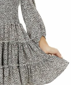 Bighit Fashion Black Floral Print Tiered Woven Dress With Smocked Waist