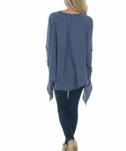Easel Stormy Blue Handkerchief Hem Reverse Seam Top Tops