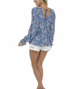 Andree Steel Blue Printed Puff Sleeve Babydoll Blouse Tops
