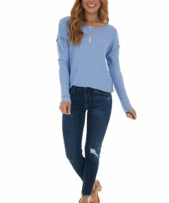 First Love Cornflower Waffle Knit Raw Hem Long Sleeve Top Tops