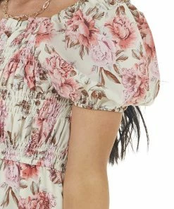 Hayden Dresses Dark Cream Floral Print Mini Dress With Smocked Bodice