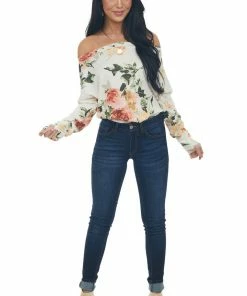 BiBi Ivory Floral Print Boat Neckline Knit Top