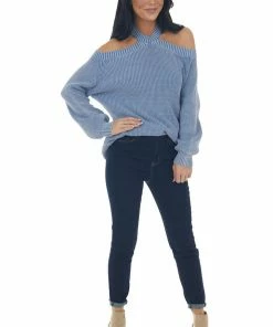 BiBi Hazy Blue Mineral Washed Cold Shoulder Sweater Tops