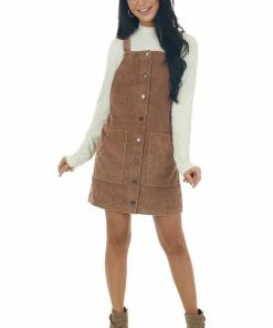 She + Sky Dresses Rich Cognac Button Down Corduroy Overall Dress