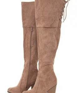 Charming Shoes Taupe Over The Knee High Boots With Lace Up Back Detail