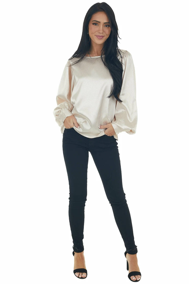 Vine & Love Champagne Printed Long Sleeve Satin Blouse 17 Vine & Love Champagne Printed Long Sleeve Satin Blouse