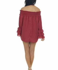 Vine & Love Maroon Off Shoulder Tiered Bell Sleeve Blouse Tops