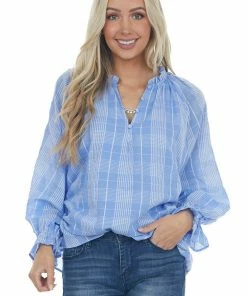 Entro Tops Cornflower Plaid Long Sleeve Peasant Blouse