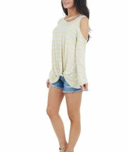 143 Story Tops Oatmeal And Lemon Striped Cold Shoulder Top With Cutout Neck