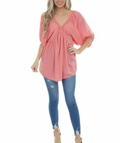 Lovely J Watermelon Pink Loose Fit Babydoll Top Tops 25 Lovely J Watermelon Pink Loose Fit Babydoll Top Tops