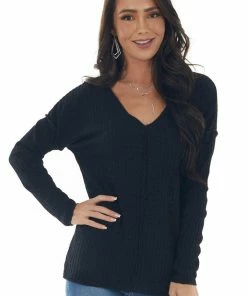 143 Story Black Metallic Thread Exposed Seam Knit Top