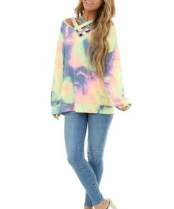 BiBi Multi Color Tie Dye Long Sleeve With Criss Cross Neck Detail Tops