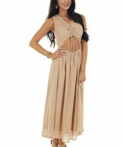 Entro Champagne Glitter Sleeveless Midi Woven Dress With Cut Out