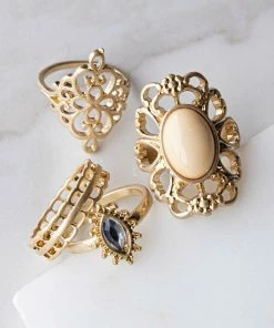 Fame Accessories Antique Gold Filigree Stone 4 Piece Ring Set