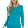 FSL APPAREL Teal Long Sleeve Tunic Top With Ruched Sides Tops