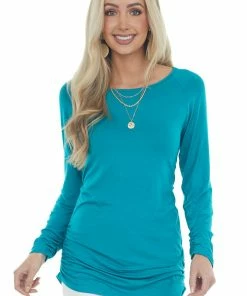 FSL APPAREL Teal Long Sleeve Tunic Top With Ruched Sides Tops