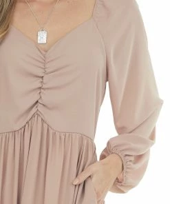 Haptics Light Rose Taupe Ruched Long Sleeve Maxi Dress Dresses