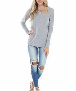 143 Story Tops Dove Grey Long Sleeve Textured Knit Top With Chest Cutout