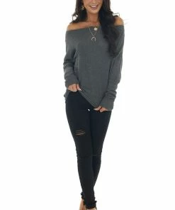 First Love Graphite Waffle Knit Boat Neck Long Cuff Top