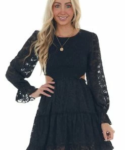 Peach Love Black Floral Textured Cut Out Waist Mini Dress Dresses 29 Peach Love Black Floral Textured Cut Out Waist Mini Dress Dresses