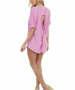 ROKOKO Tops Pink Short Sleeve Soft Knit Top With Open Back Twist