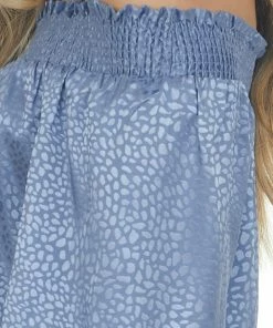 Umgee Dusty Blue Metallic Cheetah Off Shoulder Top Tops